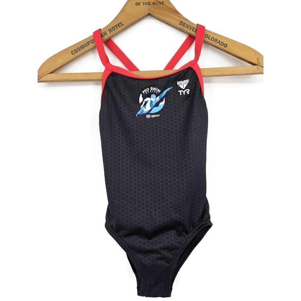 New TYR Hexa Diamondfit Swimsuit Youth 24 7/8 Black Red Pro Swim Series